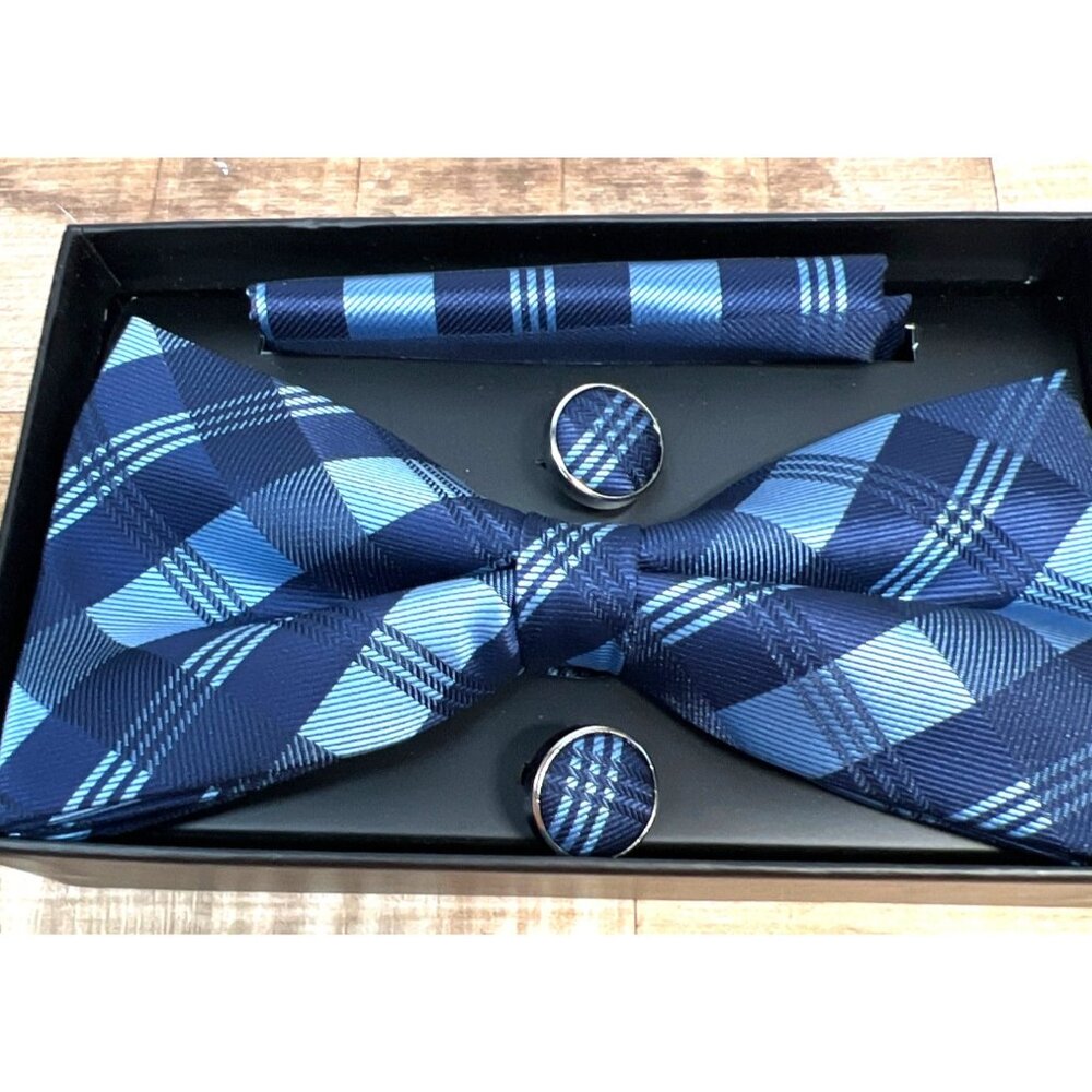 Elegant Blue Plaid Bow Tie Set With Cufflinks & Pocket Square By Retreez